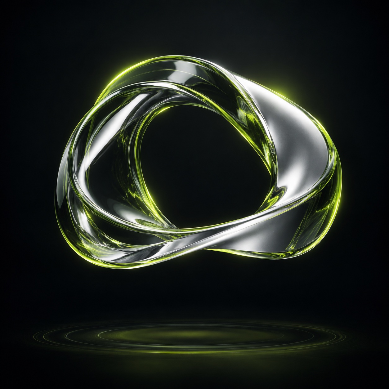 A flowing glass and silver sound ribbon illuminated in lime green